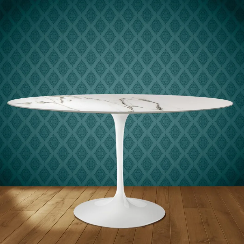 Eero Saarinen Tulip Table H 74 Oval in Ceramic Aura 22 Made in Italy - Scarlet Viadurini