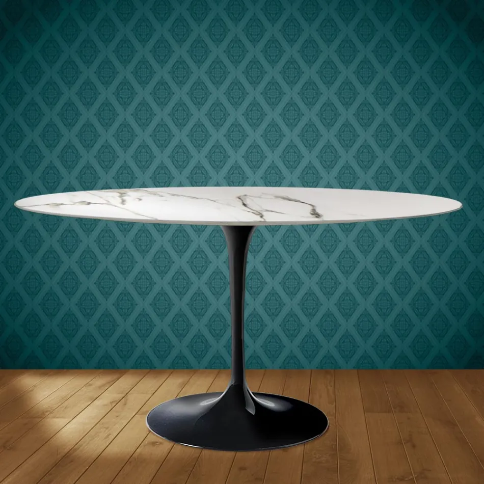 Eero Saarinen Tulip Table H 74 Oval in Ceramic Aura 22 Made in Italy - Scarlet Viadurini