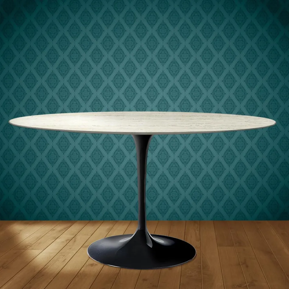 Eero Saarinen Tulip Table H 74 Oval in Marmorio Ceramic Made in Italy - Scarlet Viadurini