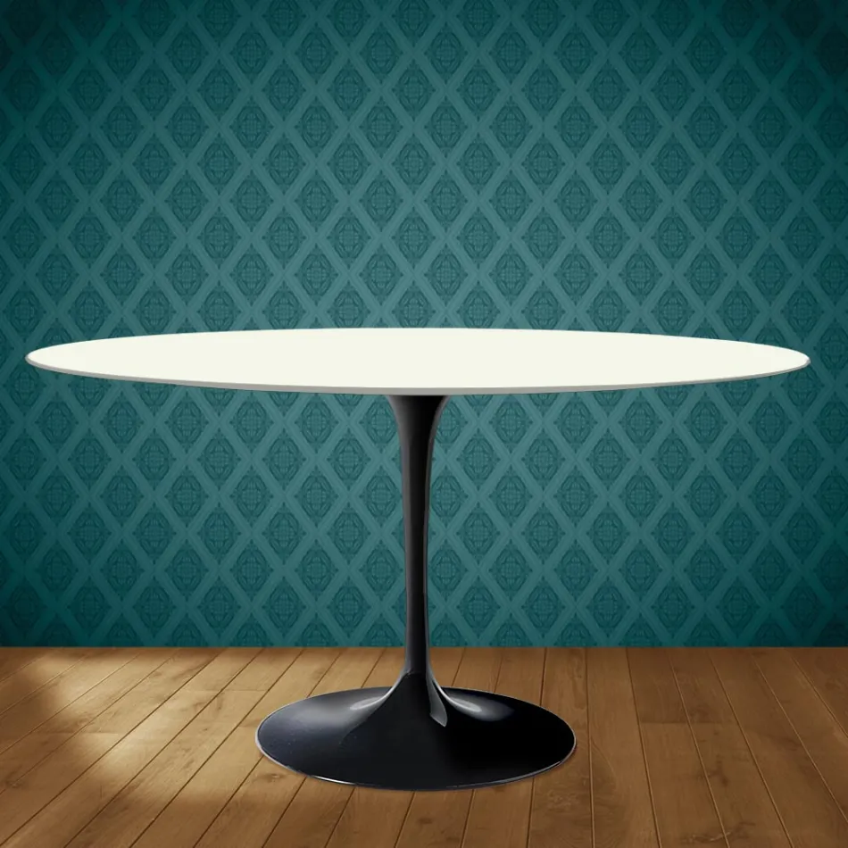 Eero Saarinen Tulip Table H 74 Oval in Moonè Ceramic Made in Italy - Scarlet Viadurini