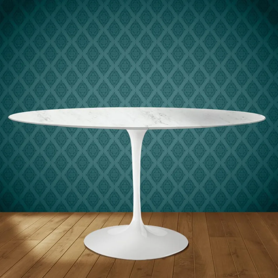 Eero Saarinen Tulip Table H 74 Oval in Salina Ceramic Made in Italy - Scarlet Viadurini