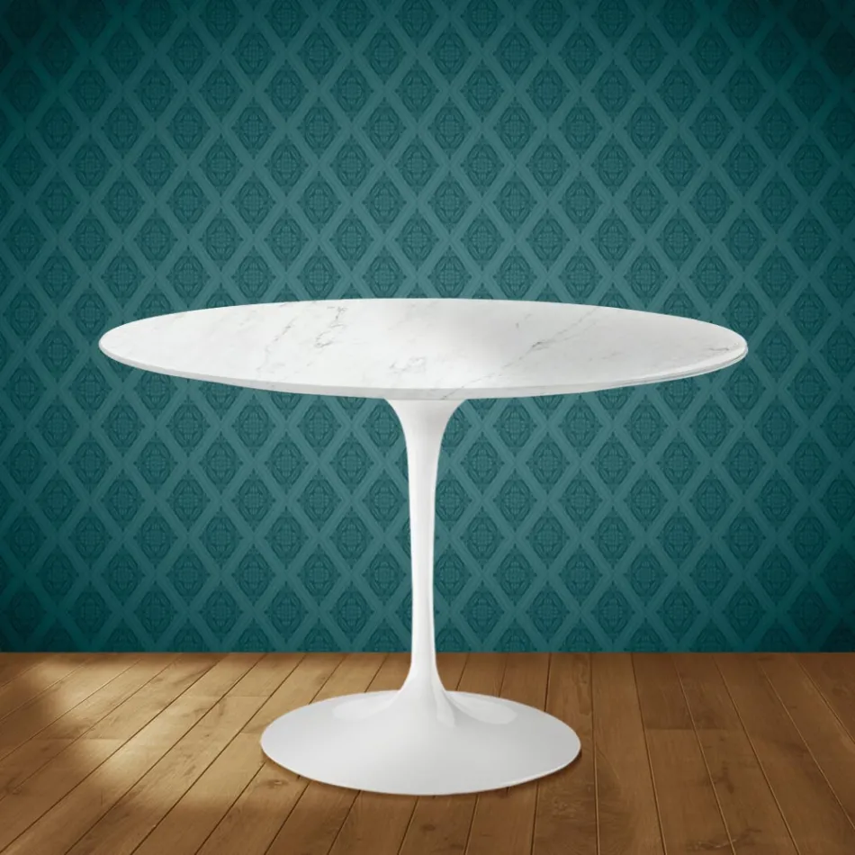 Eero Saarinen Tulip Table H 74 Round in Salina Ceramic Made in Italy - Scarlet Viadurini