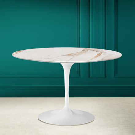 Tulip Saarinen H 73 Round Table in Calacatta Antique White Ceramic Viadurini