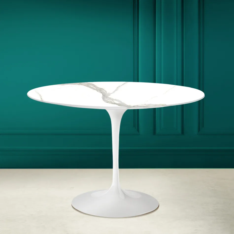 Tulip Table Saarinen H 73 Round in Ceramic Calacatta Michelangelo  Viadurini