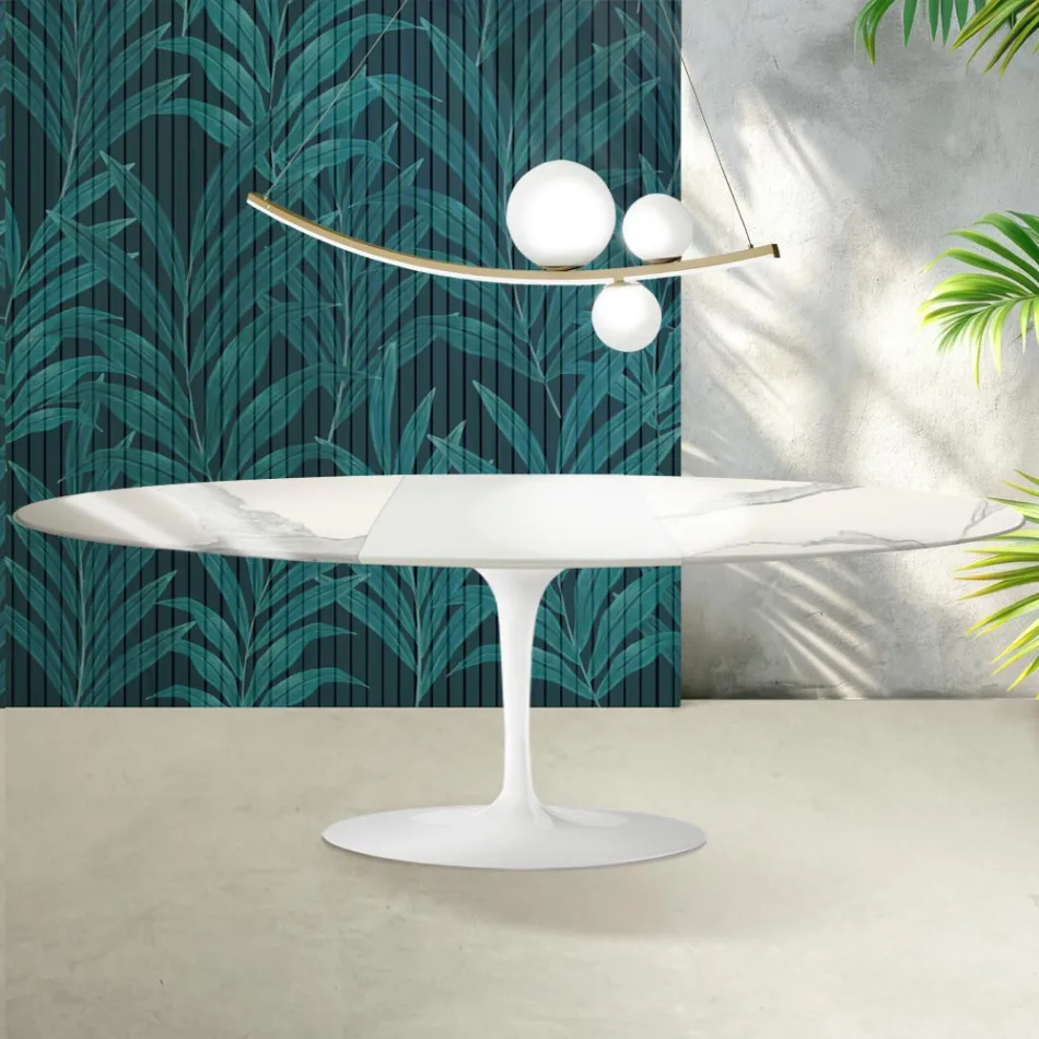 Saarinen Tulip Table H 74 cm Extendable in Florim Statuario Glossy Ceramic - Scarlet Viadurini
