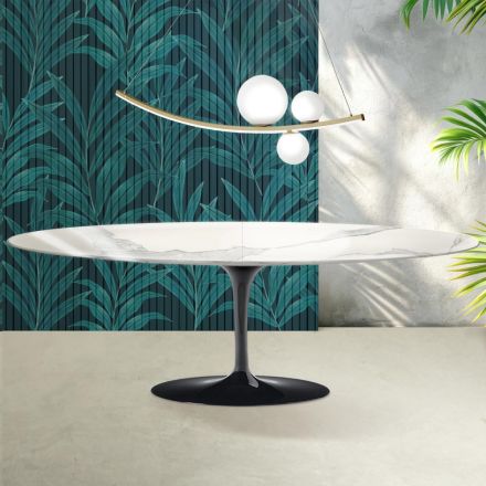 Saarinen Tulip Table H 74 cm Extendable in Florim Statuario Glossy Ceramic - Scarlet Viadurini