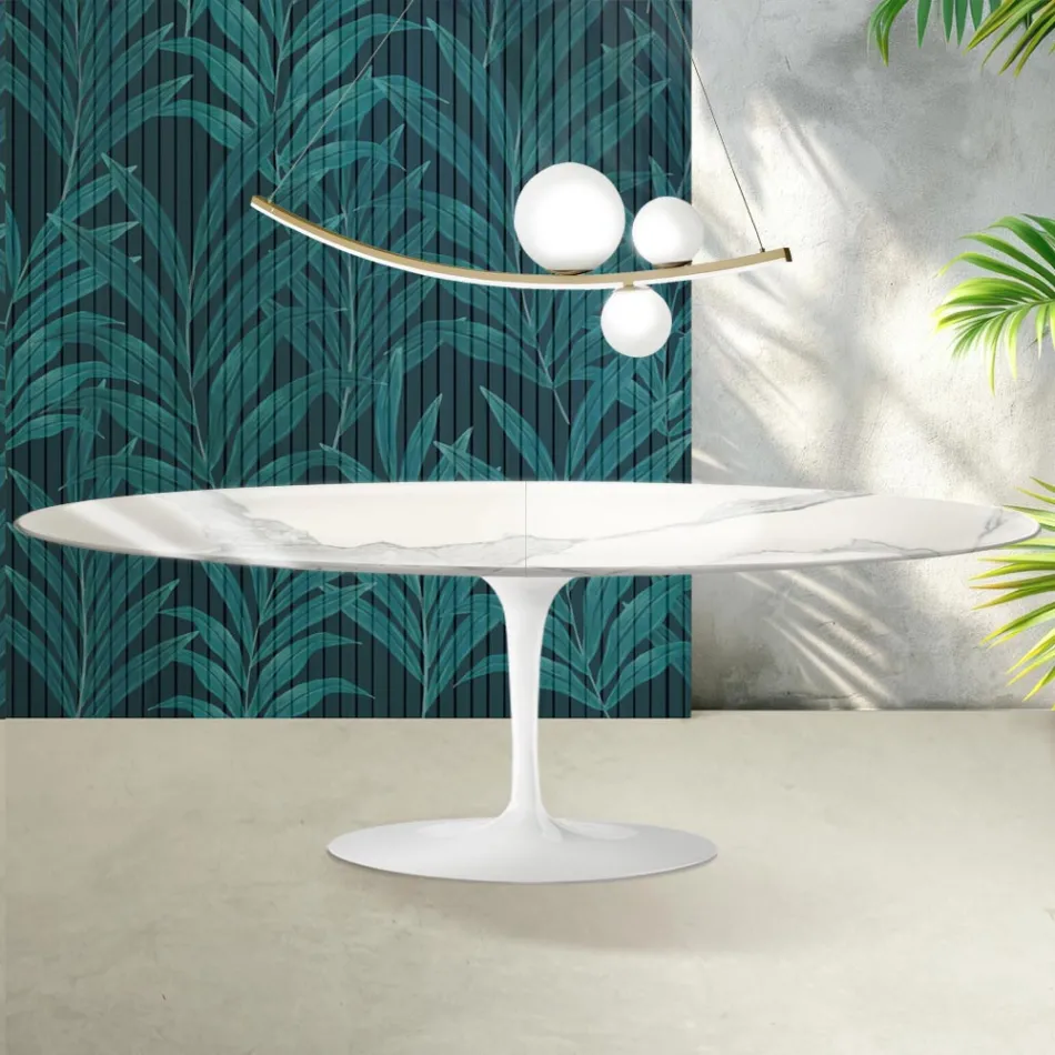 Saarinen Tulip Table H 74 cm Extendable in Florim Statuario Glossy Ceramic - Scarlet Viadurini