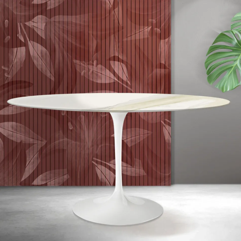 Saarinen Tulip Table H 74 cm Round in Florim Calacatta Gold Matt Ceramic - Scarlet Viadurini