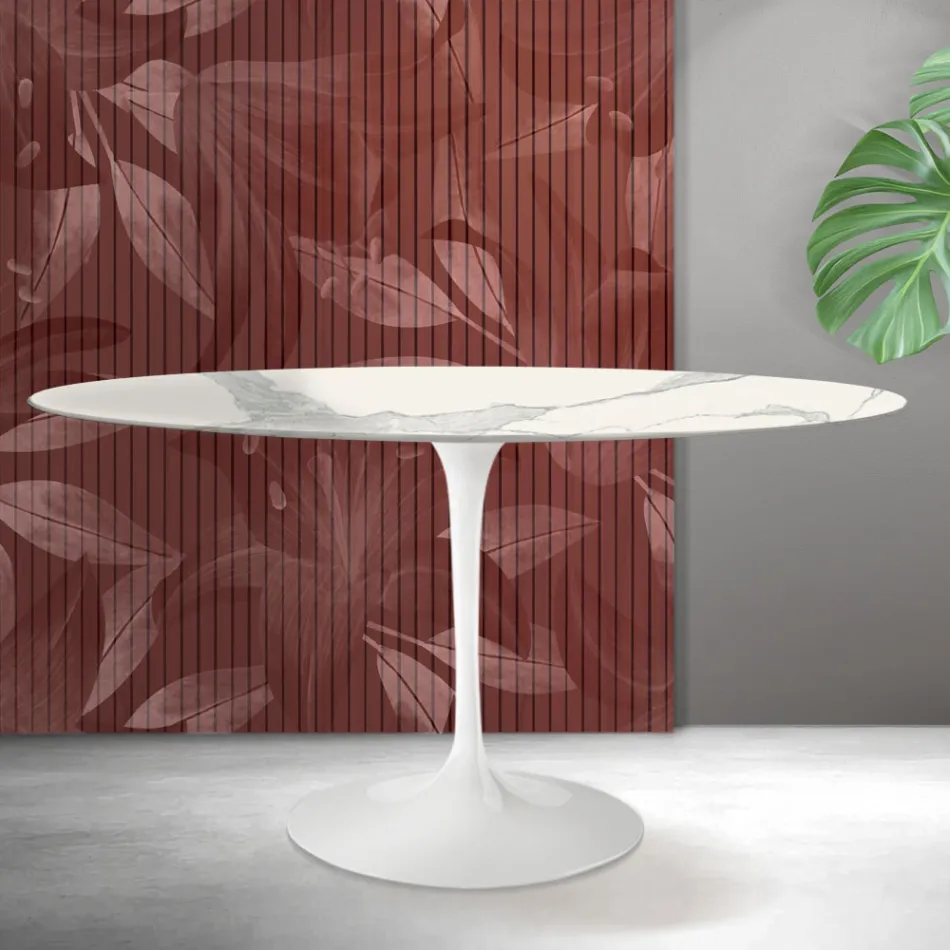 Saarinen Tulip Table H 74 cm Round in Florim Statuario Matte Ceramic - Scarlet Viadurini