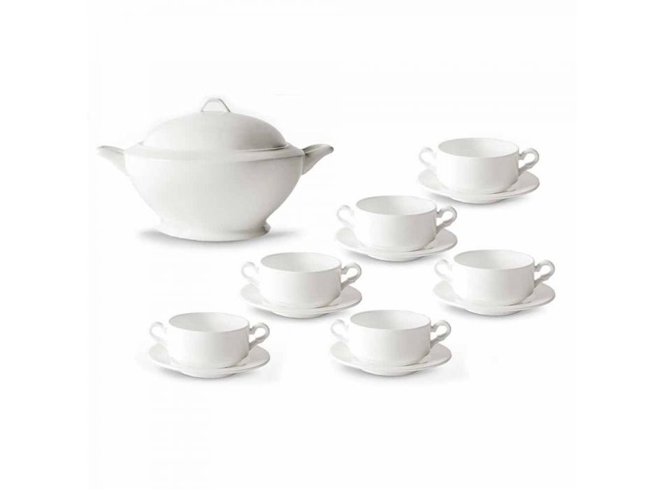 Soup Cups, Tureen and Saucer in White Porcelain 13 Pieces - Samantha Viadurini