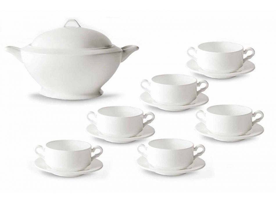 Soup Cups, Tureen and Saucer in White Porcelain 13 Pieces - Samantha Viadurini