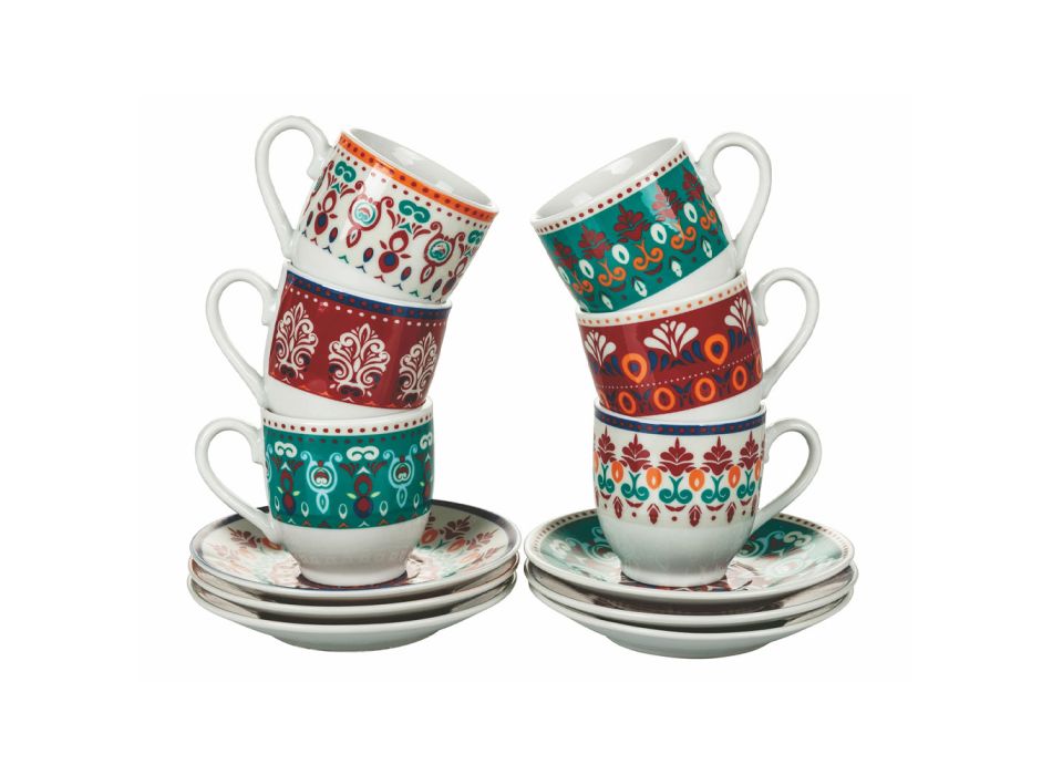 Coffee Cups and Saucer in Assorted Colored Porcelain 12 Pcs - Persia Viadurini
