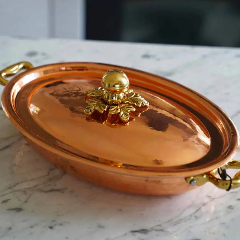 Hand Tinned Copper Oval Design Pan with Lid 27x20 cm - Mariachiara Viadurini