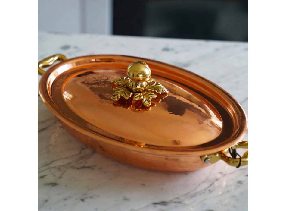 Hand Tinned Copper Oval Design Pan with Lid 36x26 cm - Mariachiara Viadurini
