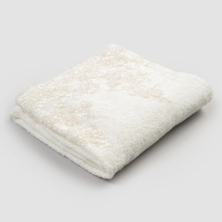 Cotton Terry Bath Towel with Linen Blend Border Design with Lace - Ginova Viadurini