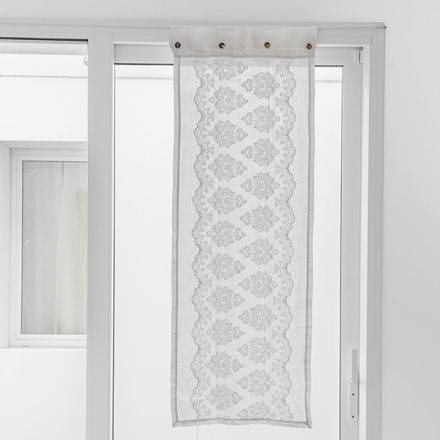 White Glass Curtain in Light Linen with Gothic Cotton Embroidery - Gegia Viadurini