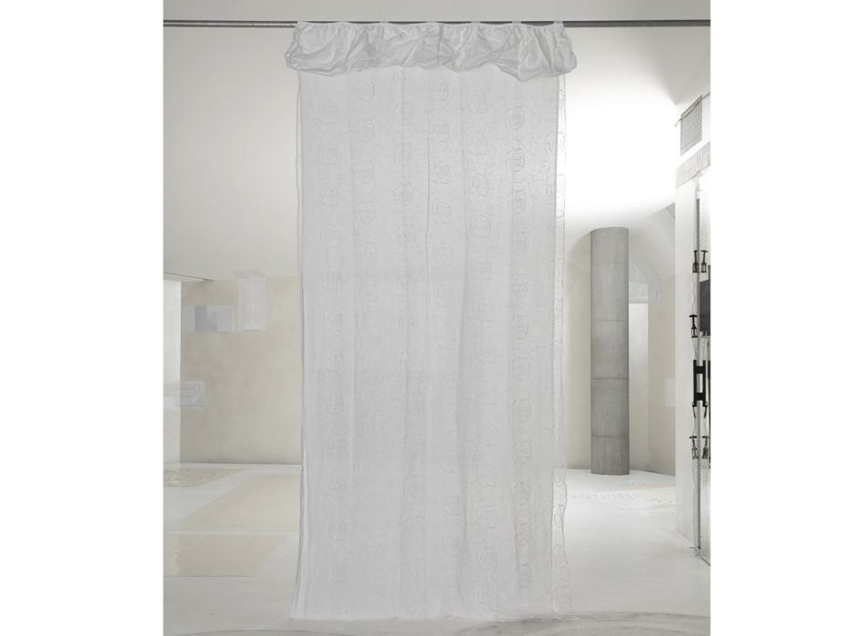 White Curtain in Linen Gauze and Organza with Elegant Rose Embroidery - Mariarosa Viadurini