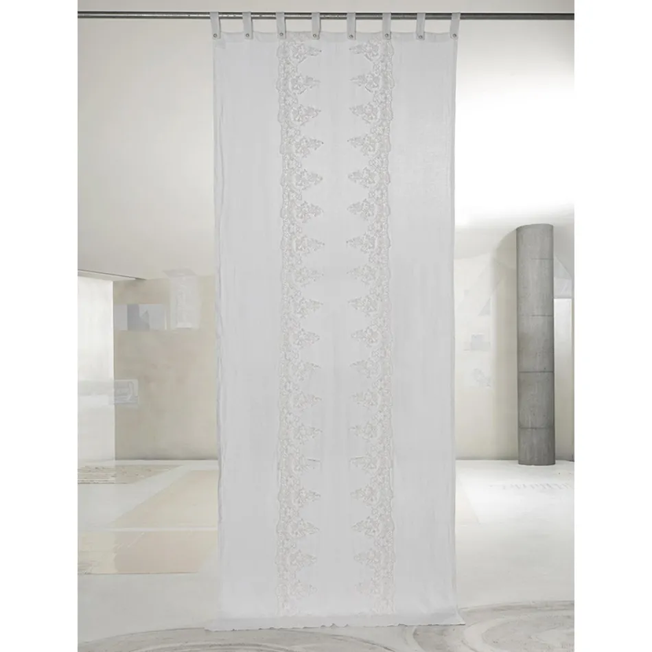White and Light Linen Curtain with Elegant Central Lace Design - Geogeo Viadurini