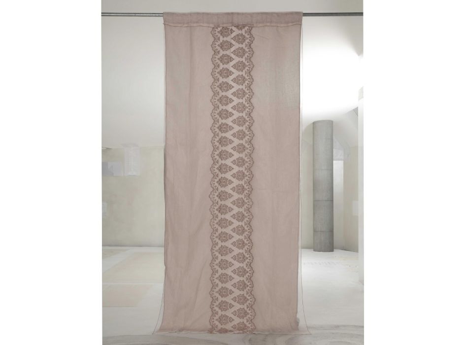 Light Linen Curtain with Organza and Gothic Embroidery in the Luxury Center - Marinella Viadurini