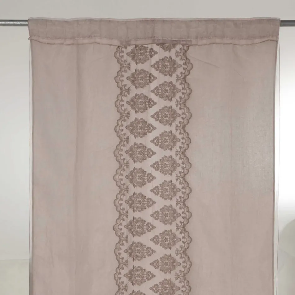 Light Linen Curtain with Organza and Gothic Embroidery in the Luxury Center - Marinella Viadurini