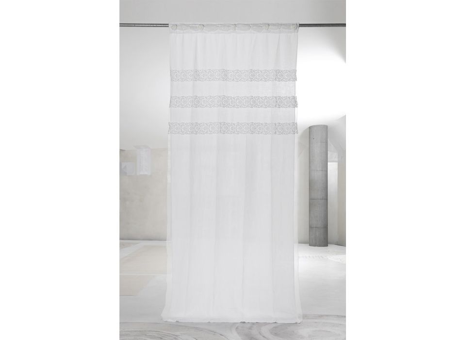 White Linen Curtain with Organza and Shabby Design Embroidery Made in Italy - Marpessa Viadurini
