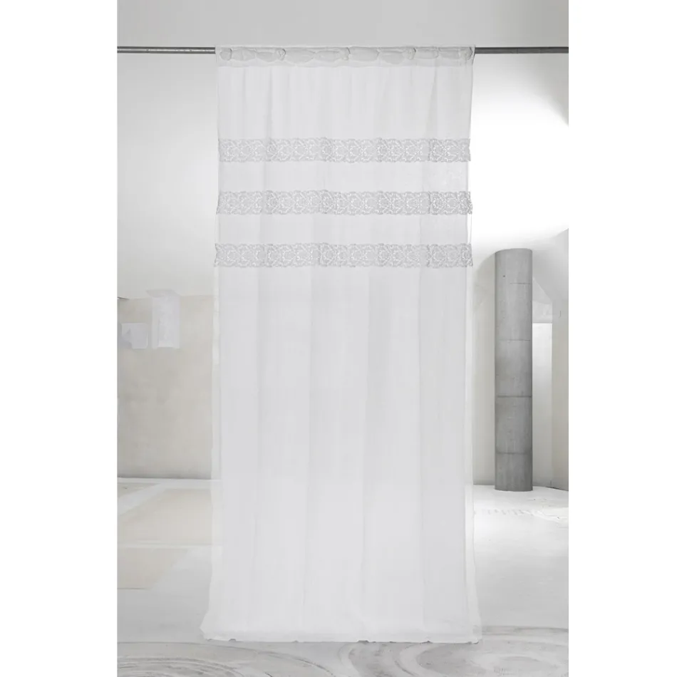 White Linen Curtain with Organza and Shabby Design Embroidery Made in Italy - Marpessa Viadurini