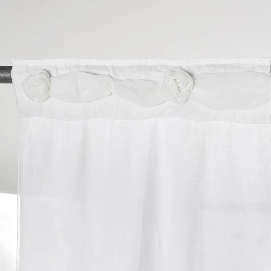 White Linen Curtain with Organza and Shabby Design Embroidery Made in Italy - Marpessa Viadurini