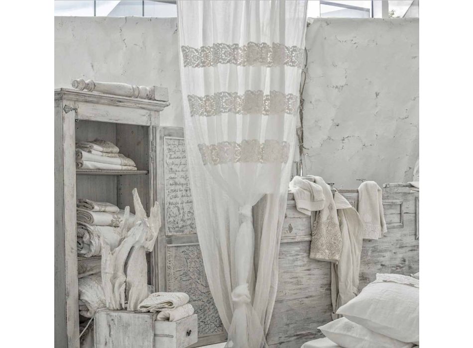 White Linen Curtain with Organza and Shabby Design Embroidery Made in Italy - Marpessa Viadurini