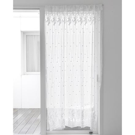 White Tulle Curtain with Luxury Polka Dots and Flowers Embroidery Made in Italy - Eukariota Viadurini