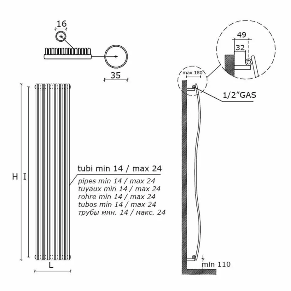 Vertical Bathroom Radiator Modern Design Wavy 1181 Watt - Tucano Viadurini