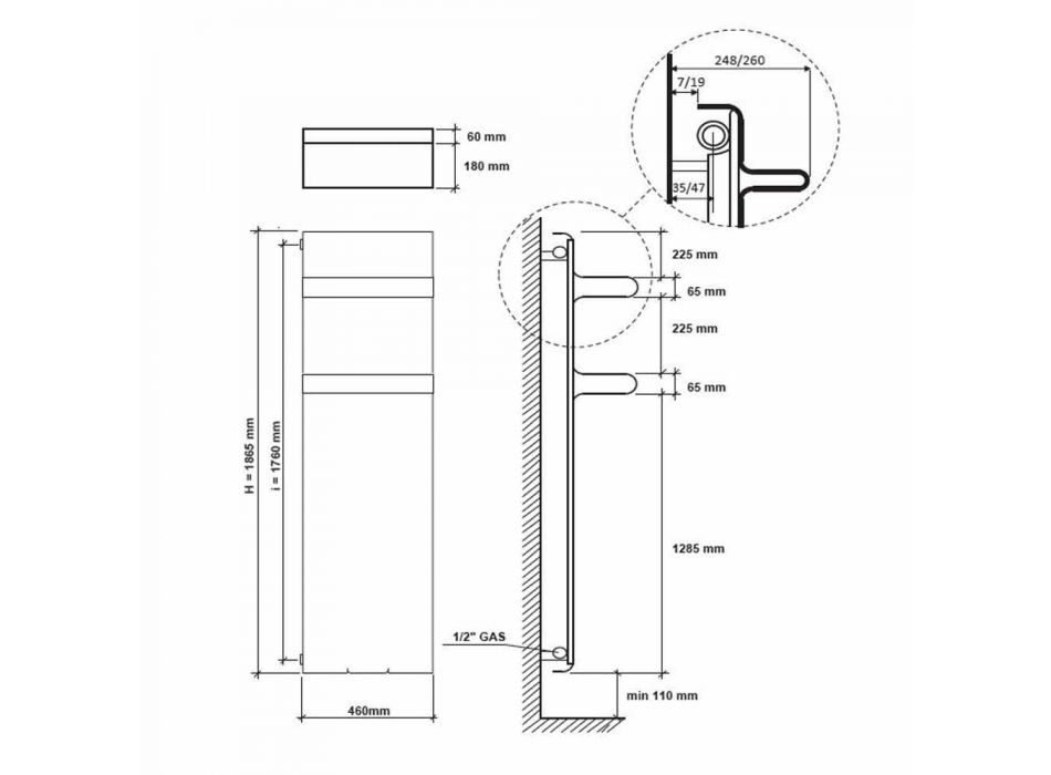 Radiator Towel Rack Vertical Design Hydraulic up to 719 watts - Rebel Viadurini