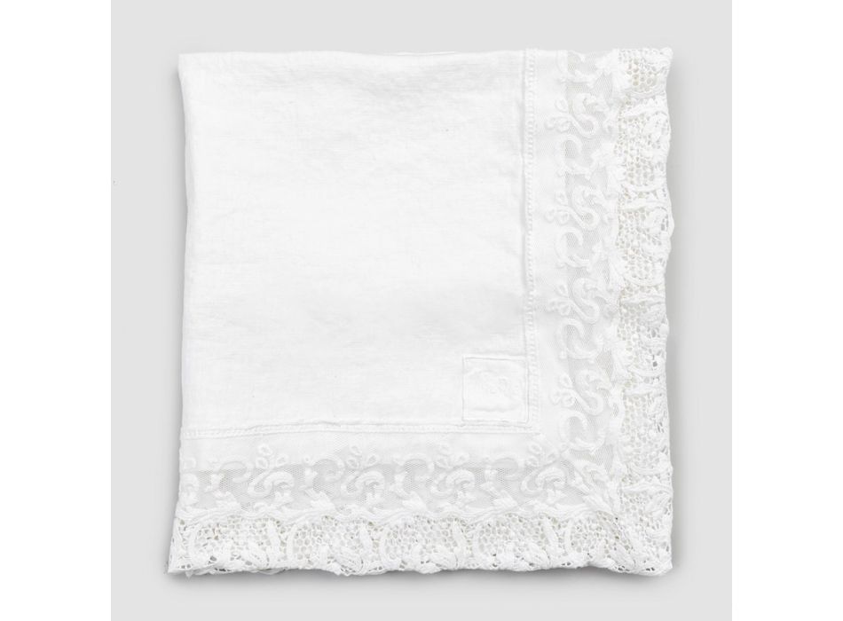 Square Linen Tablecloth with White Lace Luxury Design Made in Italy - Olivia Viadurini