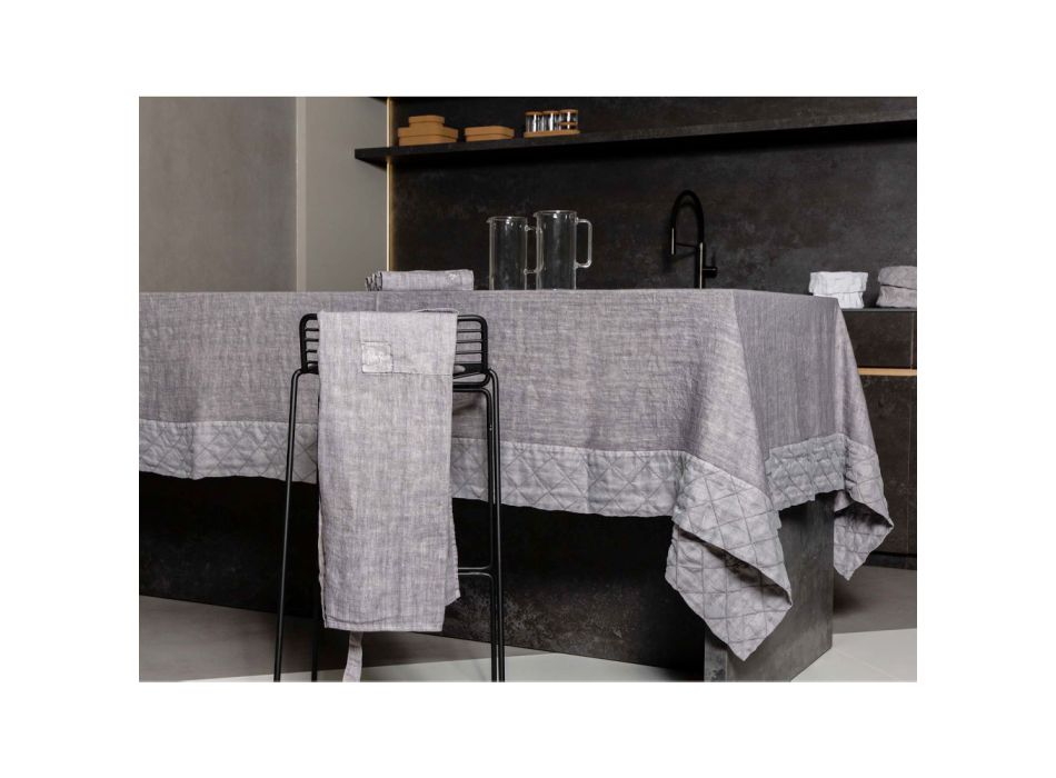 Anthracite Linen Tablecloth and Border with Geometric Decor, Handcrafted - Dippel