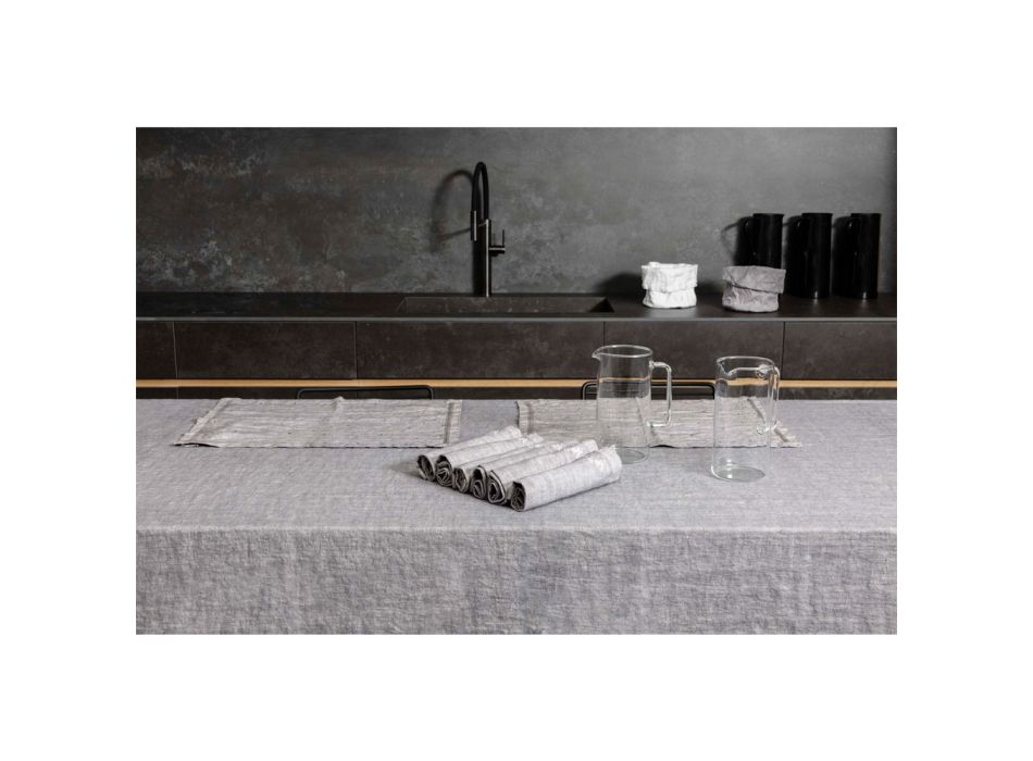 Anthracite Linen Tablecloth and Border with Geometric Decor, Handcrafted - Dippel