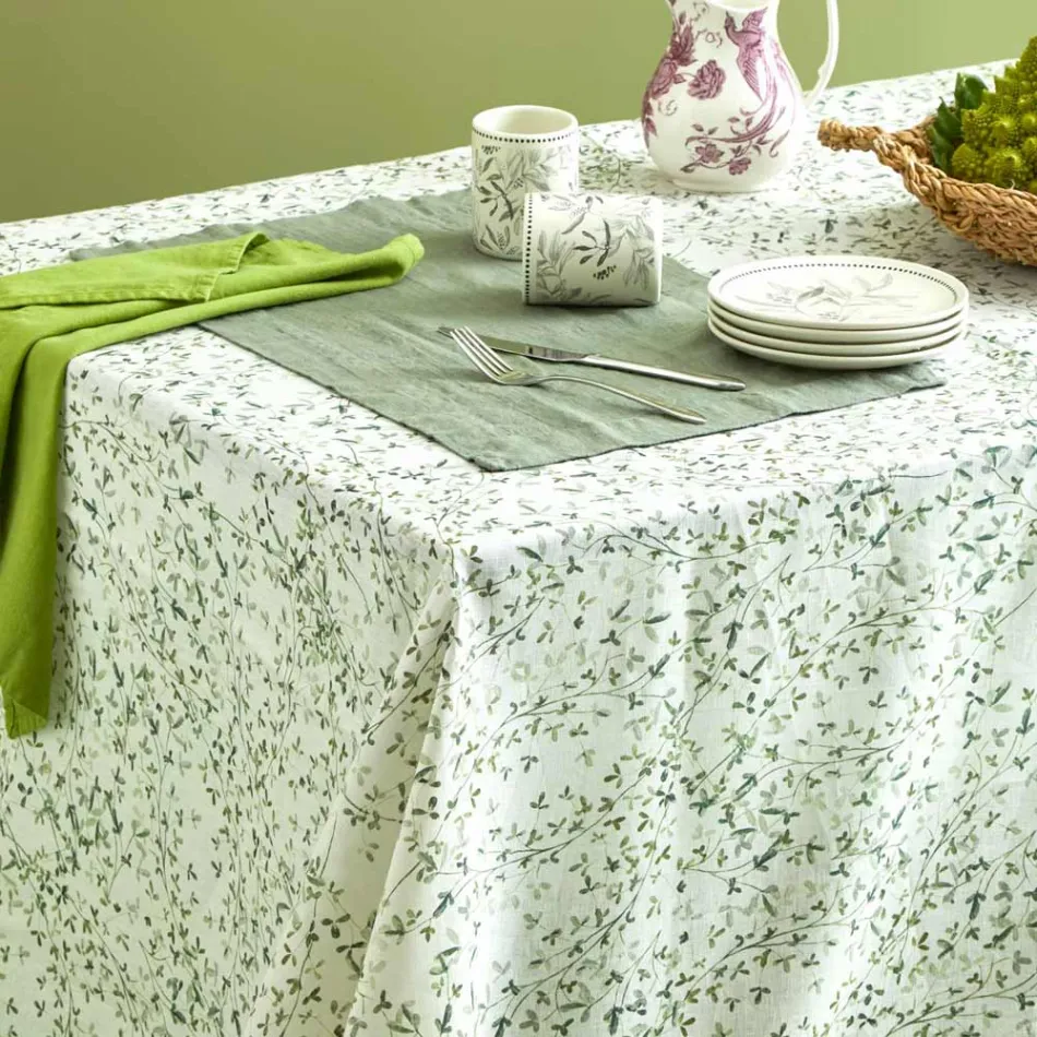 Printed Linen Tablecloth with Delicate Vegetal Fantasy Made in Italy - Velvet Viadurini