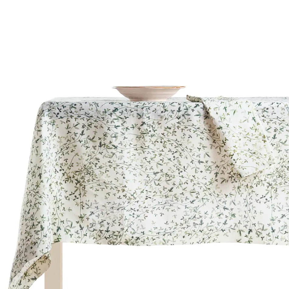 Printed Linen Tablecloth with Delicate Vegetal Fantasy Made in Italy - Velvet Viadurini