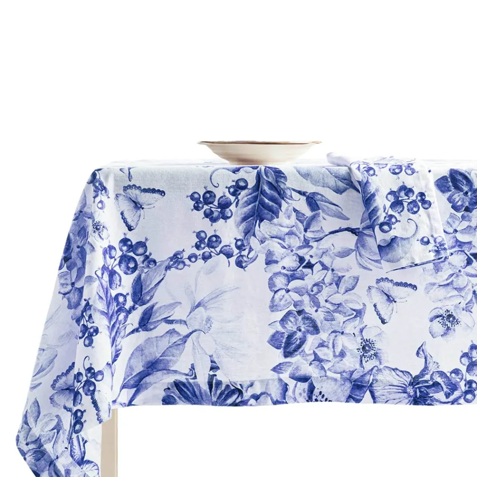 Printed and Garment-Wash Linen Tablecloth with a Lush Floral Design - Caress Viadurini