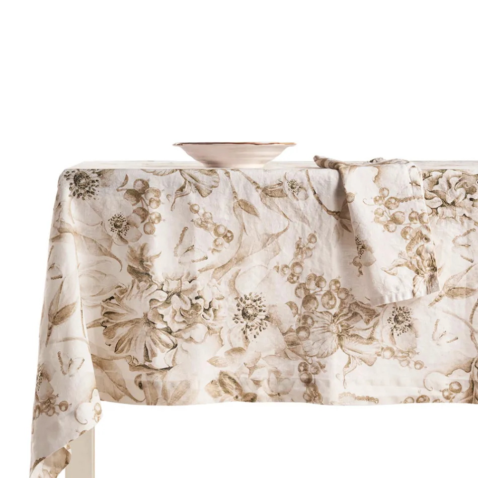 Printed and Garment-Wash Linen Tablecloth with a Lush Floral Design - Caress Viadurini
