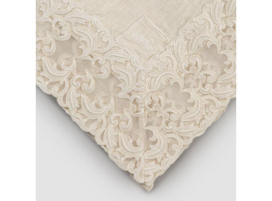 Beige Linen Square Tablecloth with Handcrafted Luxury Farnese Lace - Kippel