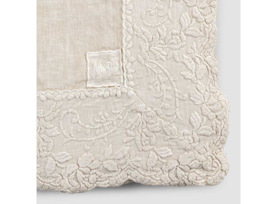 Beige Linen Square Tablecloth with Handcrafted Luxury Petal Embroidery - Vippel
