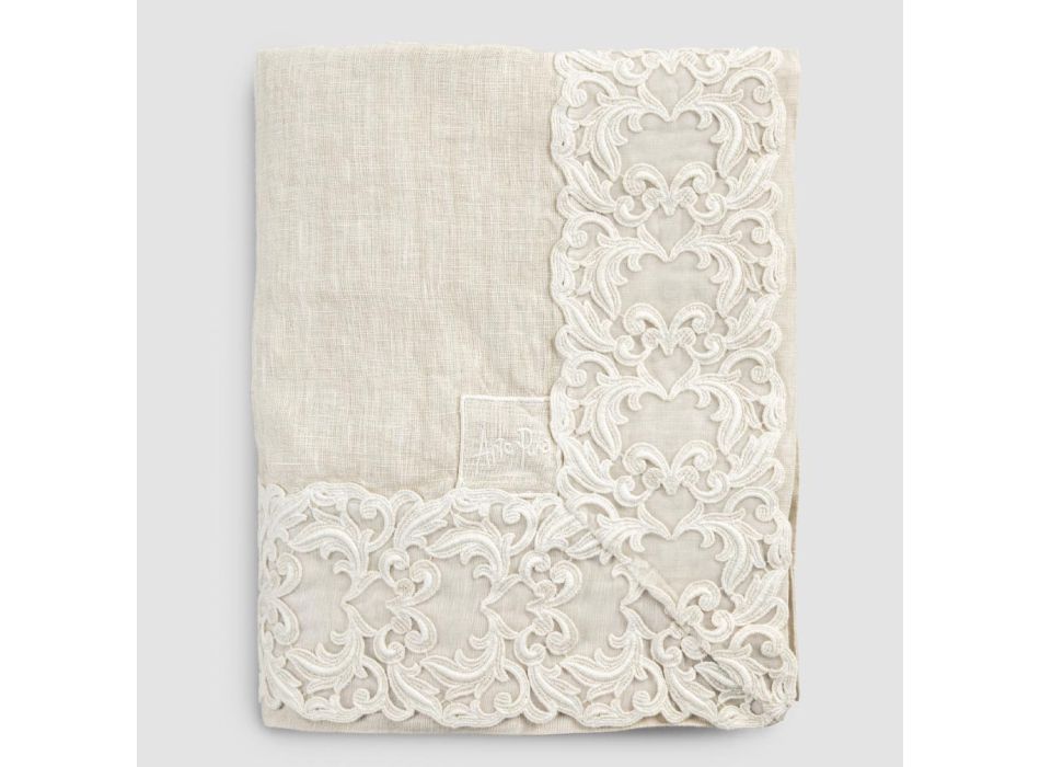 Beige Linen Rectangular Tablecloth with Farnese Luxury Artisan Lace - Kippel