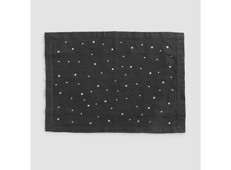 Black Linen Placemat with Crystals, Italian Craftsmanship, 2 Pieces - Nabuko Viadurini