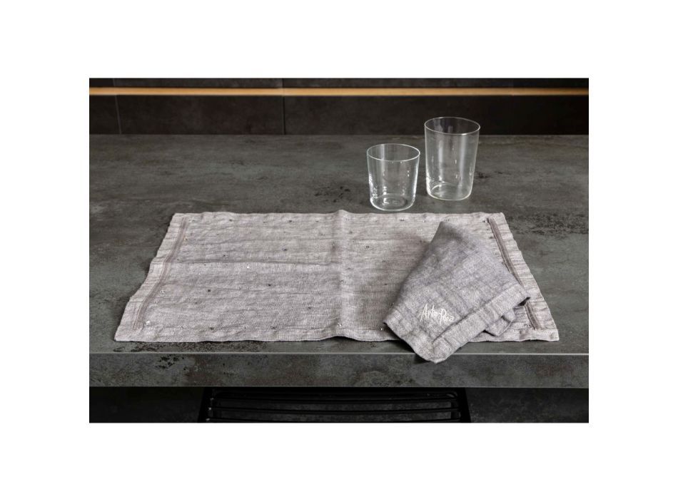 American Breakfast Placemats in Gray Linen with Crystals 2 Pieces - Macanno