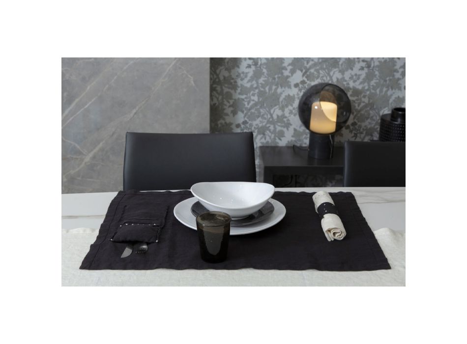 Placemats and Cutlery Holders with Crystals in Black Linen, 2 Pieces - Nabuko Viadurini