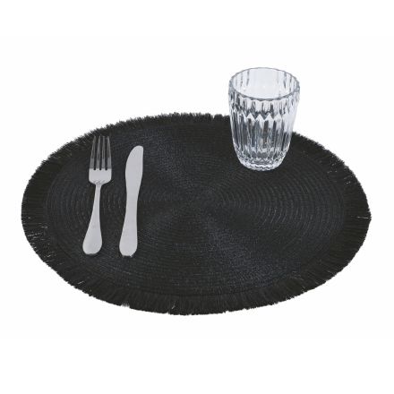 Round Breakfast Placemats in Black Polyester with Fringes 12 Pcs - Saretta Viadurini