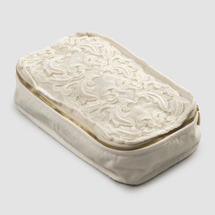 Medium Linen and Cotton Cosmetic Bag with Farnese Lace and Zipper - Mike Viadurini