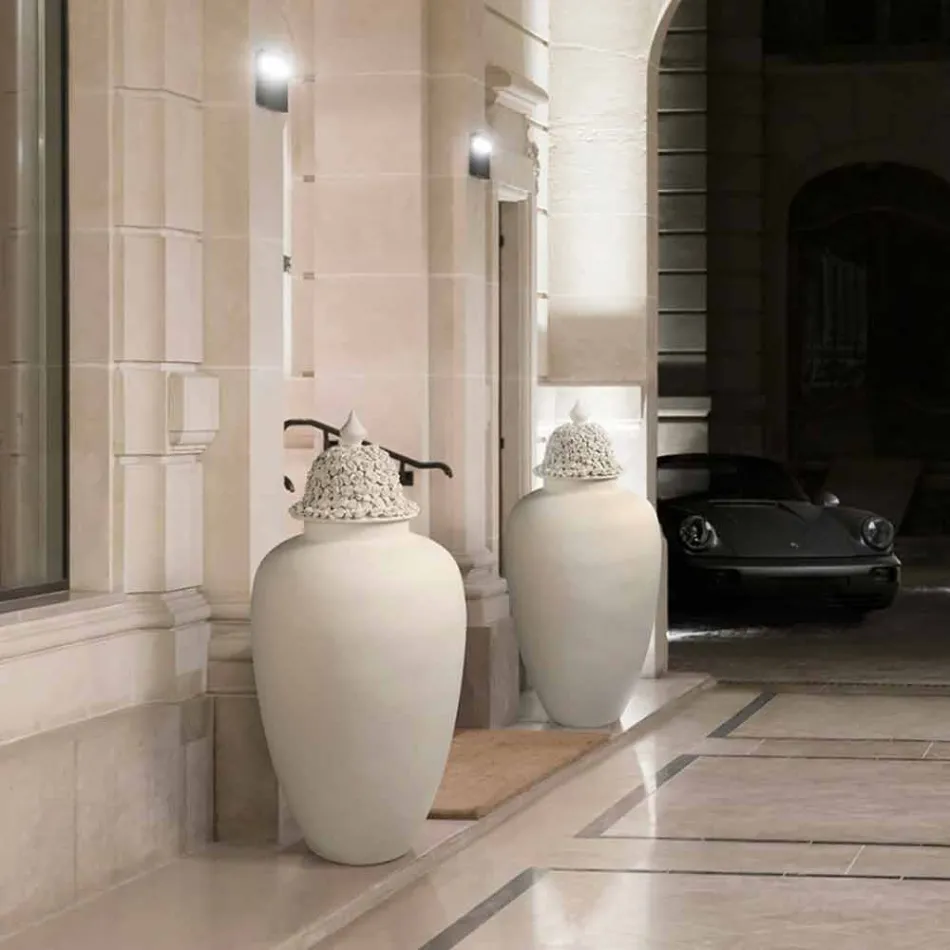 Tall White Ceramic Vase with Decorated Tip Handmade in Italy - Verio Viadurini