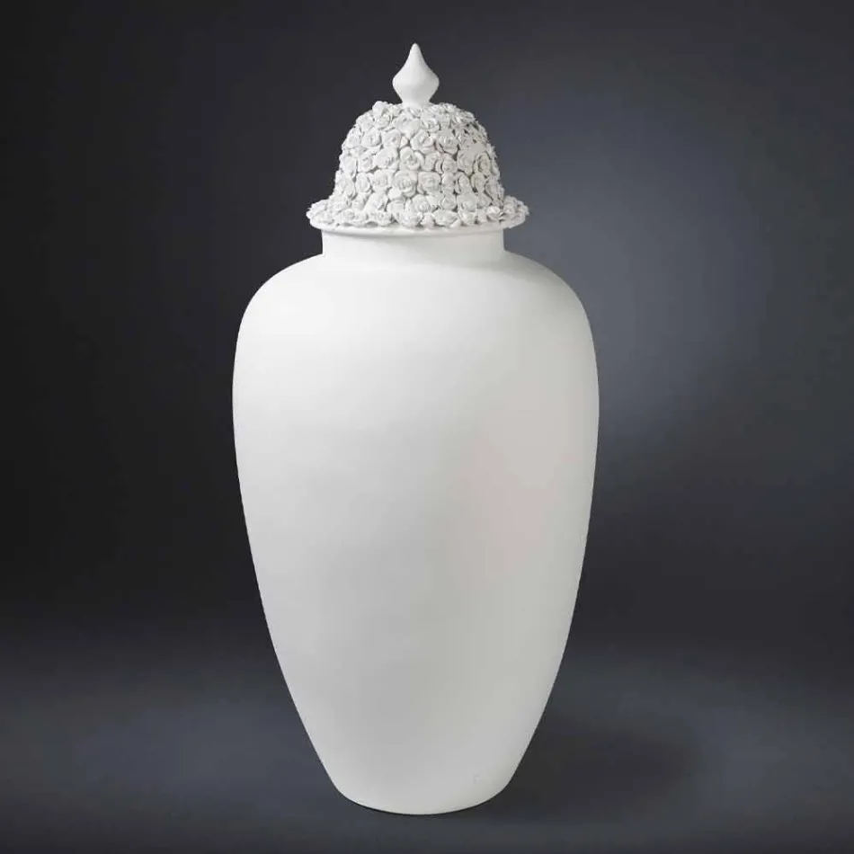 Tall White Ceramic Vase with Decorated Tip Handmade in Italy - Verio Viadurini