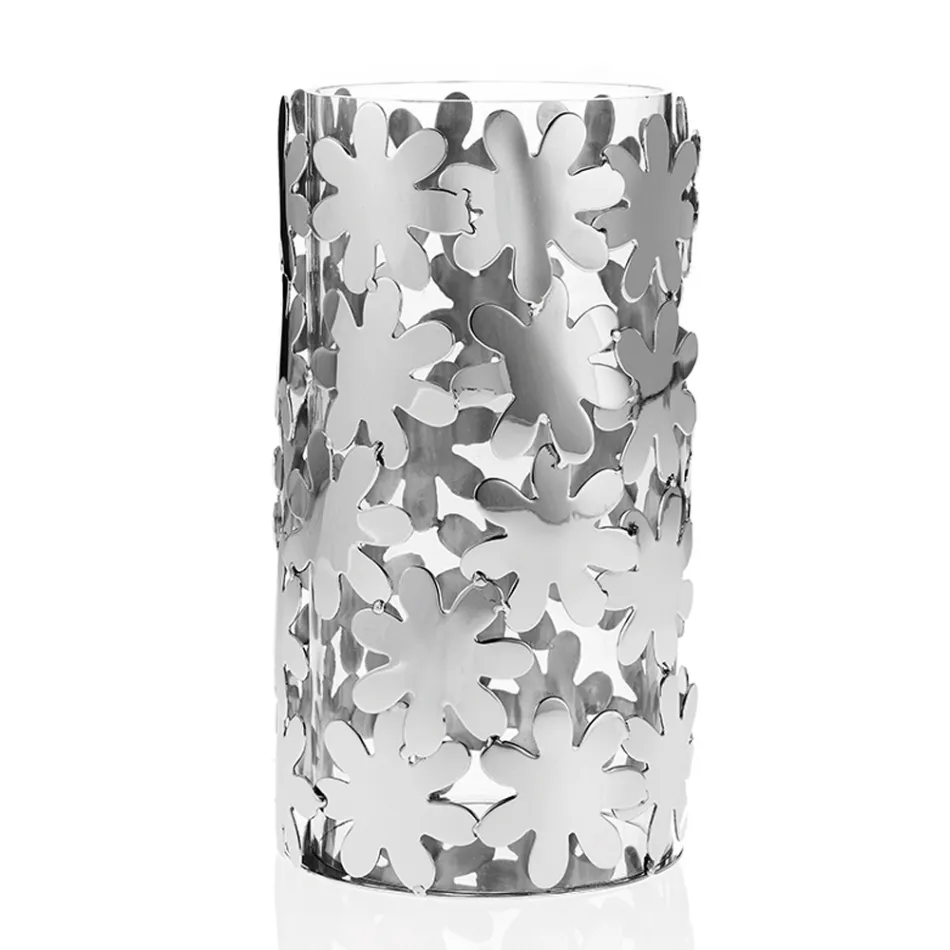 Cylindrical Vase in Glass and Silver Metal and Luxury Flower Decoration - Terraceo Viadurini