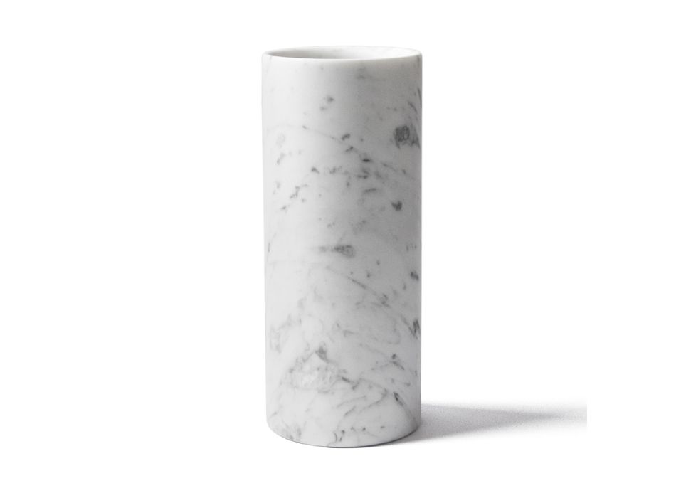 Cylindrical Vase in Satin White Carrara Marble Italian Design - Murillo Viadurini